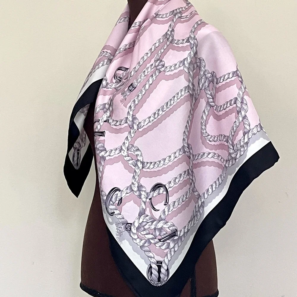 New Gucci Silk Scarf Pink Ropes Print Black Border Silk Wrap Scarf - Picture 8 of 15
